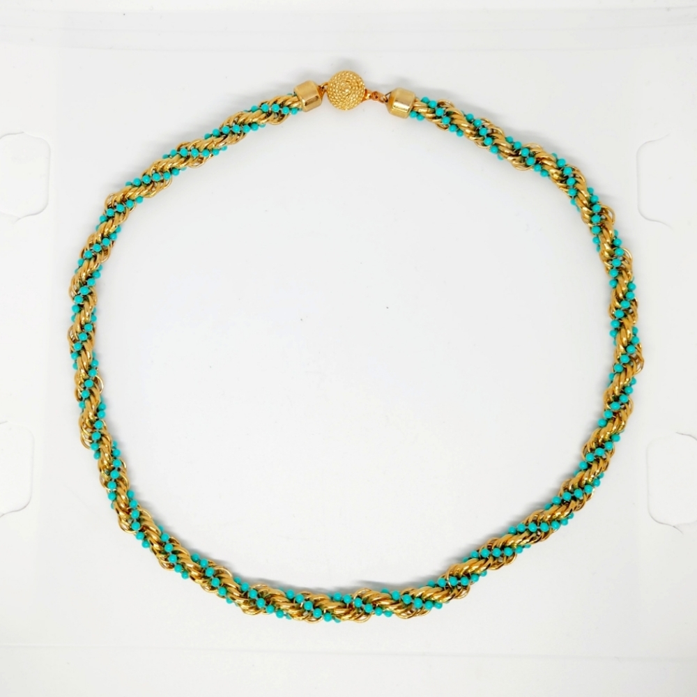 Avon Necklace Gold Tone Chain Turquoise Blue Bead Twist 20" Signed Southwest Vtg